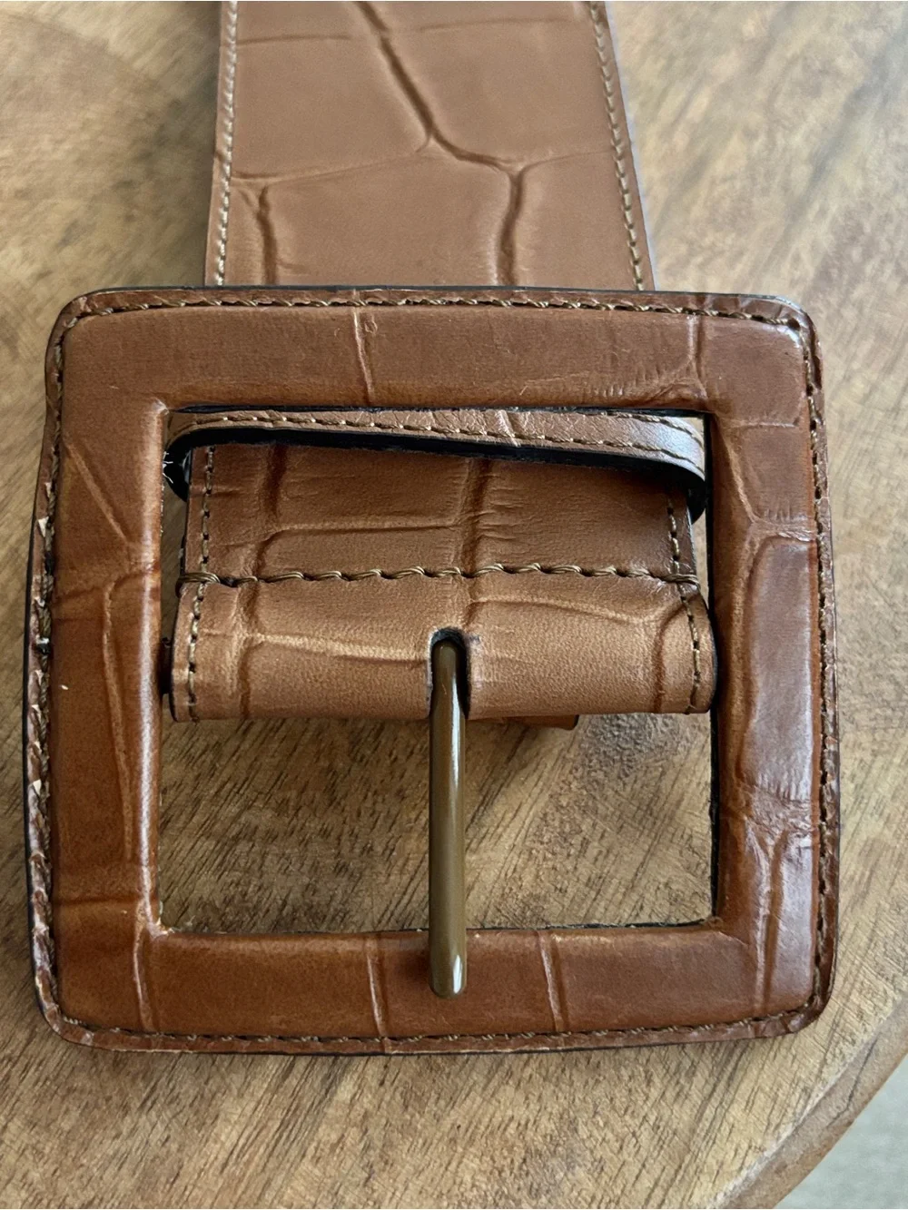 Chico's Croc-Embossed Wide Full Grain Brown Leather Belt with Square Buckle - XL
